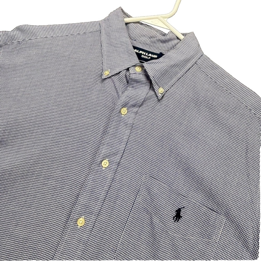 Ralph Lauren Golf Shirt Mens L Tilden Button-Down Short Sleeve Houndstooth Blue